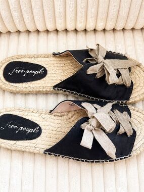 Free People Black Slide Mules with Natural Bow Trim